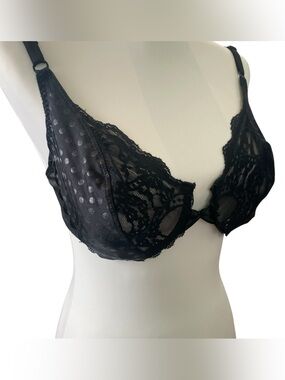 Vintage Valentino Intimo Black Lace Bra 36D Made in USA Polka Dot Satin Coquette